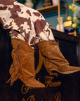 Stivaletto con piega e frange in camoscio cuoio - Suele fringe New