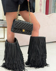 Stivale alto con gambale ampio e frange in pelle nero - MRS FRINGES