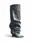 Stivale alto al ginocchio con zeppa in pelle nero - Ophelia draped