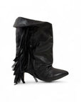Stivaletto con piega e frange in pelle nero - Suele fringe