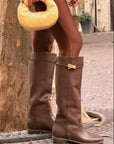 Dark brown leather boot with gold buckle - Vicky New