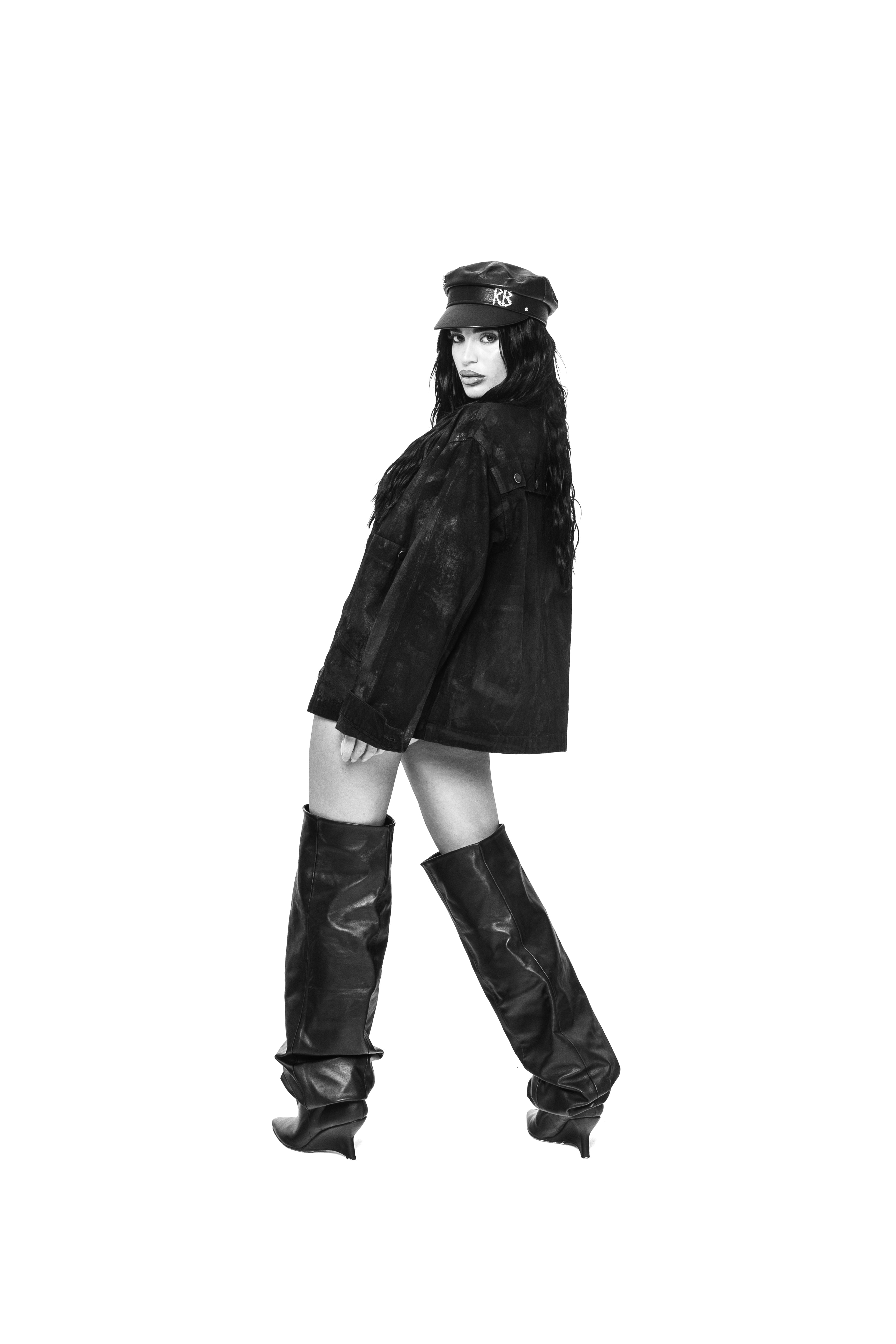 Stivale alto al ginocchio con zeppa in pelle nero - Ophelia draped