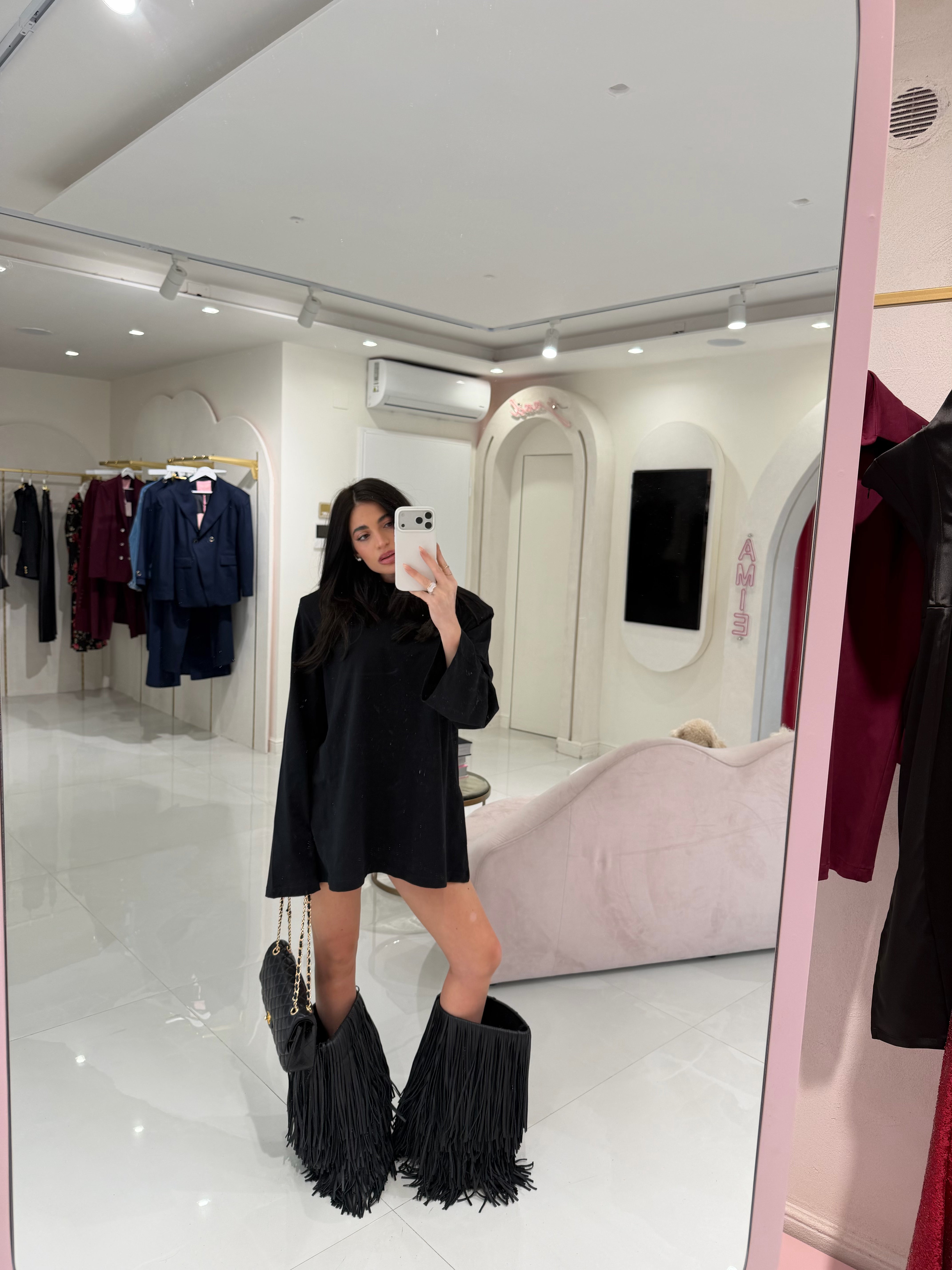 Stivale alto con gambale ampio e frange in pelle nero - MRS FRINGES