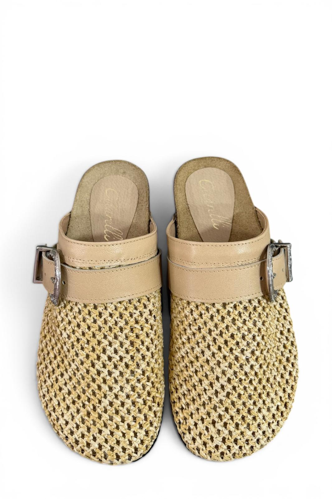 Sabot con fibbia in raffia beige - Aida