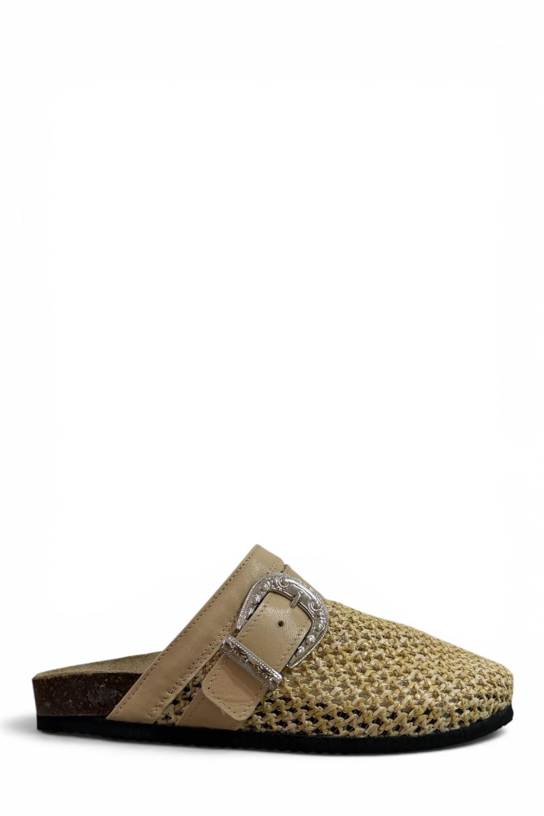 Sabot con fibbia in raffia beige - Aida